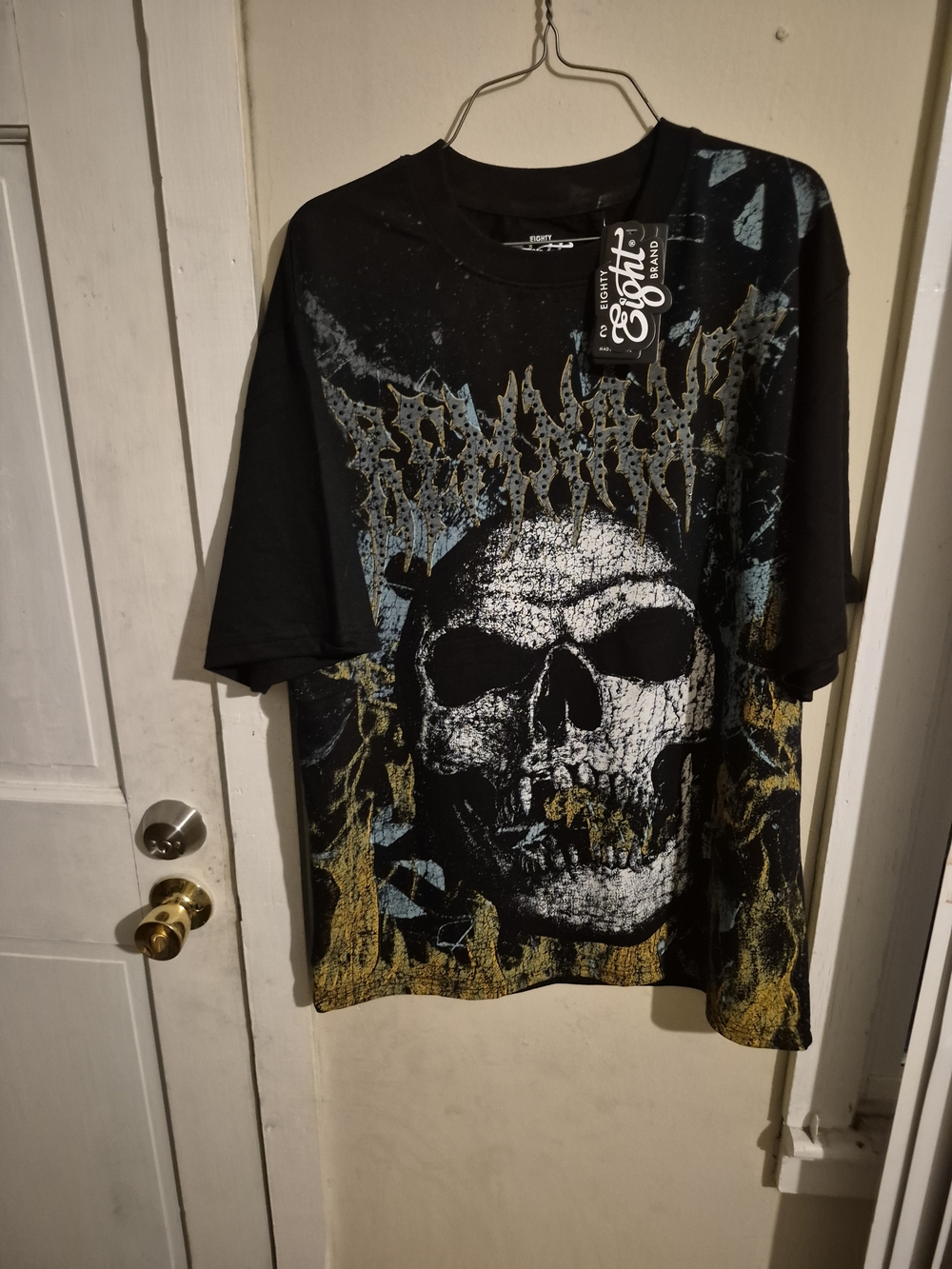 Eighty Eight Black Short-Sleeve Tee with Skull Graphic and Blue/Gold Accents